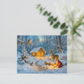 鹿、狐、フクロウと冬の森の小屋 - ファン ポストカード (スタンド正面)