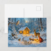 鹿、狐、フクロウと冬の森の小屋 - ファン ポストカード (正面/裏面)