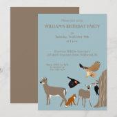 鹿、狐、鳥の野生動物の誕生日パーティー 招待状 (正面/裏面)