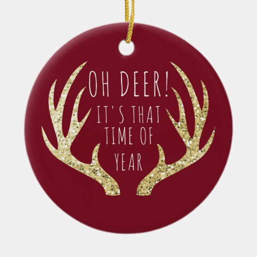 鹿〔雄ジカの〕枝角クリスマスホリデーファミリーフォト セラミックオーナメント (正面)