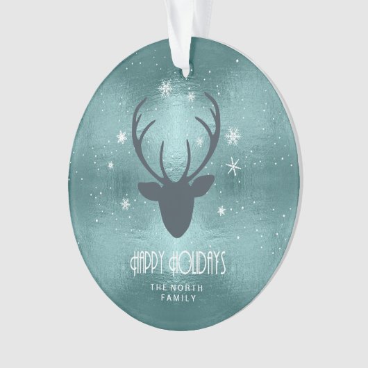 鹿〔雄ジカの〕枝角シルエット&スノーフレークティール(緑がかった色)ID861 オーナメント (正面)
