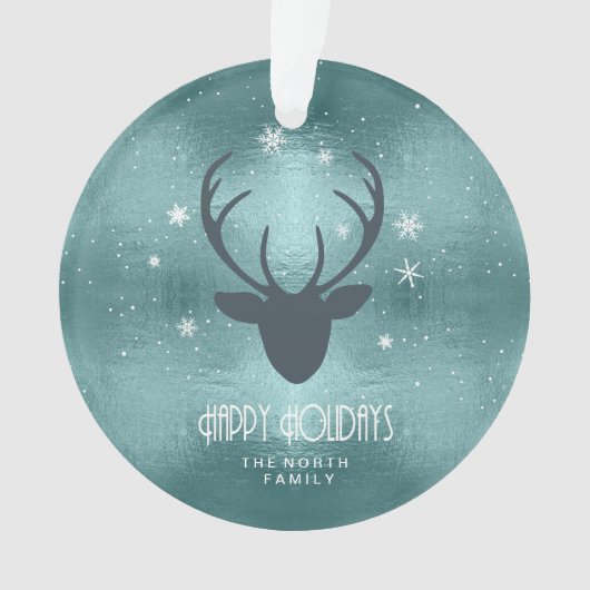 鹿〔雄ジカの〕枝角シルエット&スノーフレークティール（緑がかった色）ID861 オーナメント (正面)