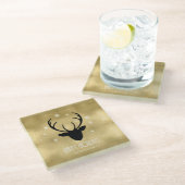 鹿〔雄ジカの〕枝角シルエット&スノーフレーク金ゴールドID861 ガラスコースター (アングル)