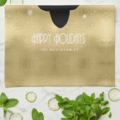 鹿〔雄ジカの〕枝角シルエット&スノーフレーク金ゴールドID861 キッチンタオル (折り畳み)