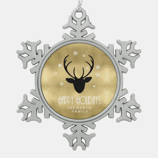 鹿〔雄ジカの〕枝角シルエット&スノーフレーク金ゴールドID861 スノーフレークピューターオーナメント (正面)