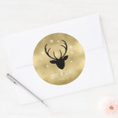 鹿〔雄ジカの〕枝角シルエット&スノーフレーク金ゴールドID861 ラウンドシール (封筒)