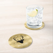 鹿〔雄ジカの〕枝角シルエット&スノーフレーク金ゴールドID861 ラウンドペーパーコースター (インサイチュ)