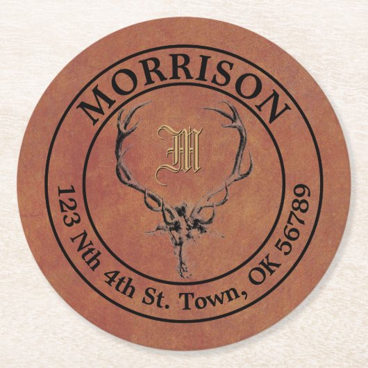 鹿〔雄ジカの〕枝角フェイクレザーアドレステンプレート ラウンドペーパーコースター (正面)