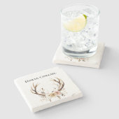 鹿〔雄ジカの〕枝角女性のカーボーイピンクフローラ ストーンコースター (横)