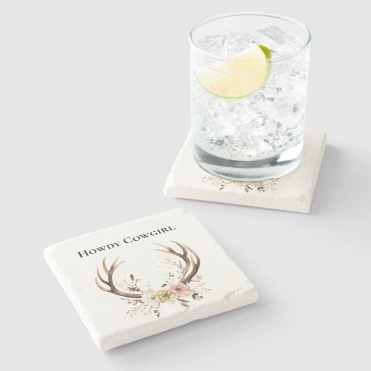 鹿〔雄ジカの〕枝角女性のカーボーイピンクフローラ ストーンコースター (横)