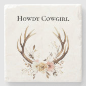 鹿〔雄ジカの〕枝角女性のカーボーイピンクフローラ ストーンコースター (正面)