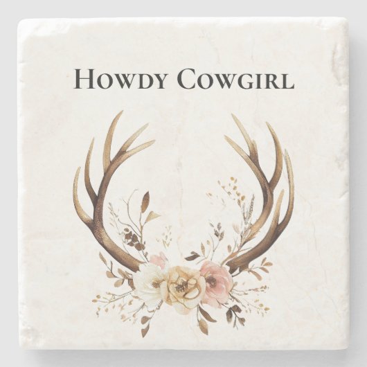 鹿〔雄ジカの〕枝角女性のカーボーイピンクフローラ ストーンコースター (正面)