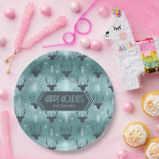 鹿〔雄ジカの〕枝角矢印クリスマスパターンティール(緑がかった色)ID861 ペーパープレート (パーティー)