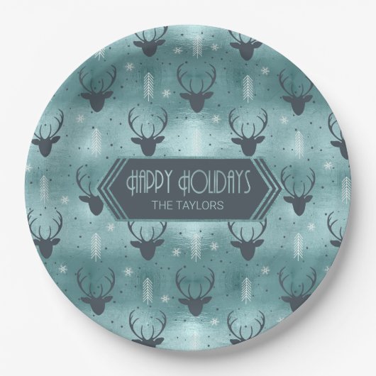鹿〔雄ジカの〕枝角矢印クリスマスパターンティール（緑がかった色）ID861 ペーパープレート (正面)
