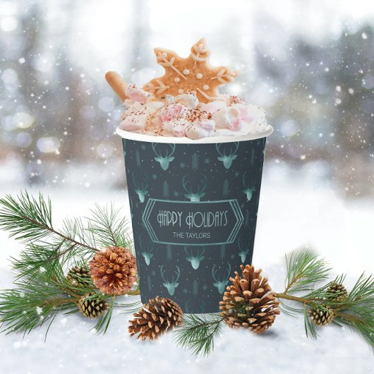 鹿〔雄ジカの〕枝角矢印クリスマスパターンティール(緑がかった色)ID861 紙コップ