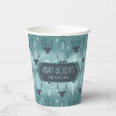 鹿〔雄ジカの〕枝角矢印クリスマスパターンティール（緑がかった色）ID861 紙コップ (裏面)