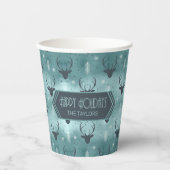 鹿〔雄ジカの〕枝角矢印クリスマスパターンティール（緑がかった色）ID861 紙コップ (正面)