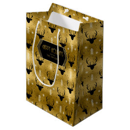 鹿〔雄ジカの〕枝角矢印クリスマスパターン金ゴールドID861 ミディアムペーパーバッグ