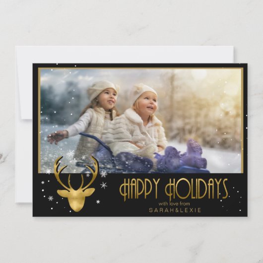 鹿〔雄ジカの〕枝角矢印クリスマスフォトV2金ゴールドID861 招待状 (正面)