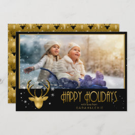 鹿〔雄ジカの〕枝角矢印クリスマスフォトV2金ゴールドID861 招待状