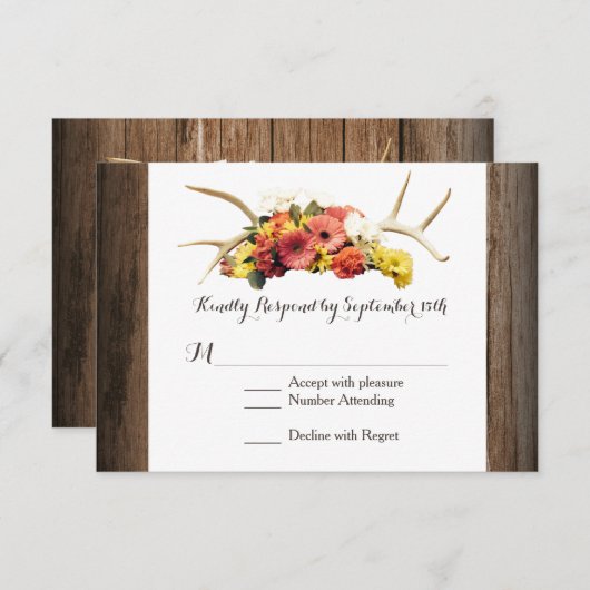 鹿〔雄ジカの〕枝角素朴デイジーウッドウェディングRSVPカード 出欠カード (正面/裏面)