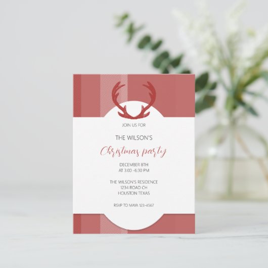 鹿〔雄ジカの〕枝角素朴レッドタータンチェック ポストカード (スタンド正面)