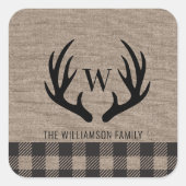 鹿〔雄ジカの〕枝角素朴Burlapファミリー名 スクエアシール (正面)