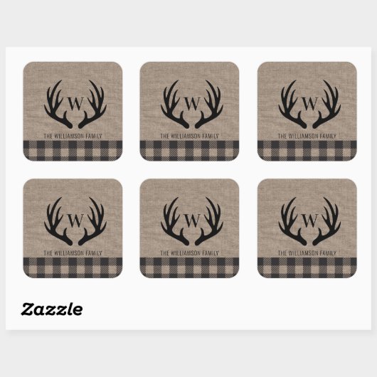 鹿〔雄ジカの〕枝角素朴Burlapファミリー名 スクエアシール (シート)