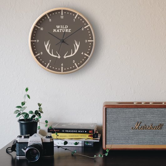 鹿〔雄ジカの〕枝角&ワイルド自然ウォールクロック 壁時計