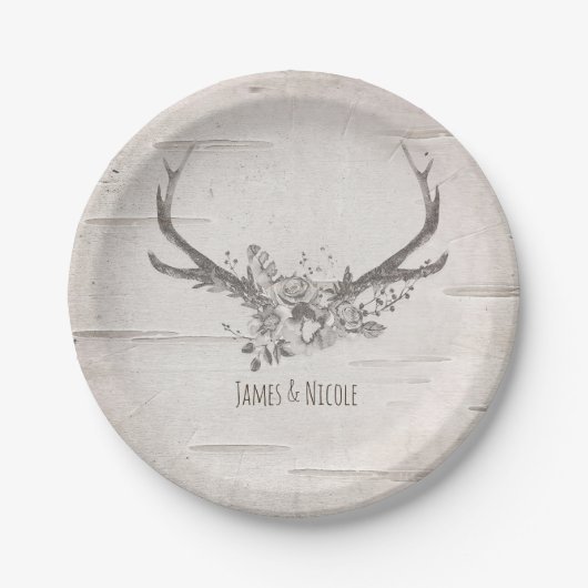 鹿〔雄ジカの〕枝角&樺の木ヴィンテージウェディング披露宴 ペーパープレート (正面)