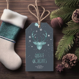 鹿〔雄ジカの〕枝角&雪クリスマスティール（緑がかった色）ID861 ギフトタグ