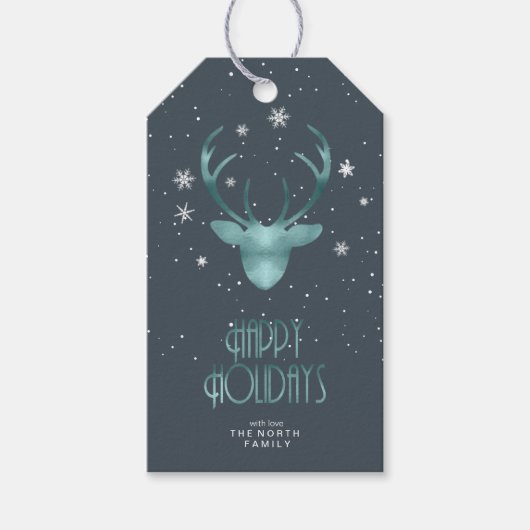 鹿〔雄ジカの〕枝角&雪クリスマスティール(緑がかった色)ID861 ギフトタグ (正面)