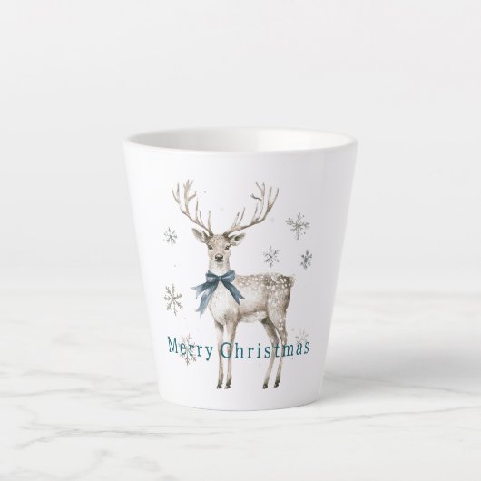 鹿 青いリボン 雪の結晶 クリスマス カフェラテマグ (正面)