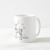 鹿 青いリボン 雪の結晶 クリスマス コーヒーマグカップ (正面右)