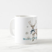 鹿 青いリボン 雪の結晶 クリスマス コーヒーマグカップ (正面左)