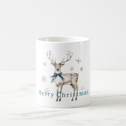 鹿 青いリボン 雪の結晶 クリスマス コーヒーマグカップ (中央)