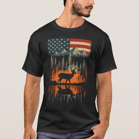 鹿+USA+フラグ+アウトドア+ハイキング Tシャツ (正面)