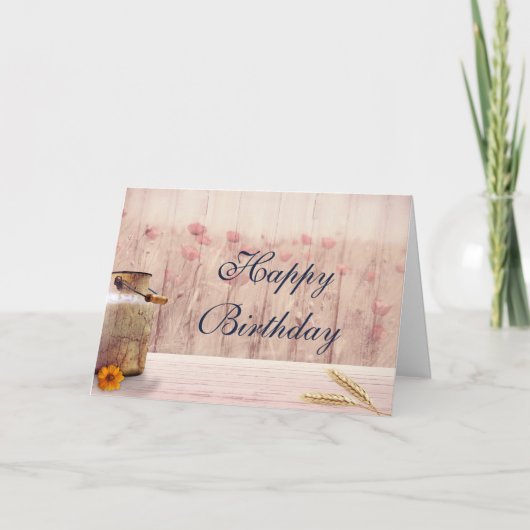 麦と花の付いた素朴なミルク缶の誕生日 カード (正面)