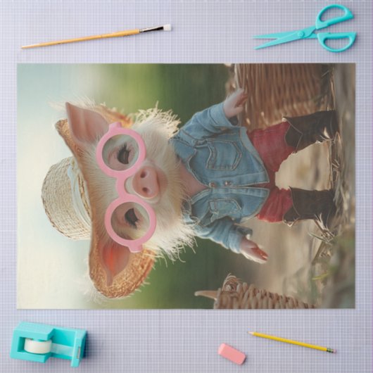 麦わらお洒落帽子のデコップファームピゲ 薄葉紙 (クラフト)