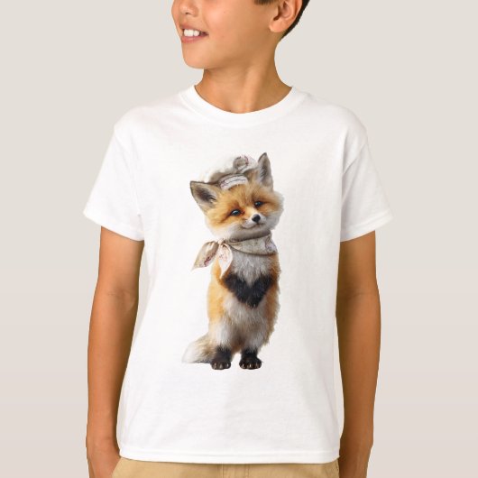 麦わら帽子のバンダナ姿のキツネの子供服 Tシャツ (正面)