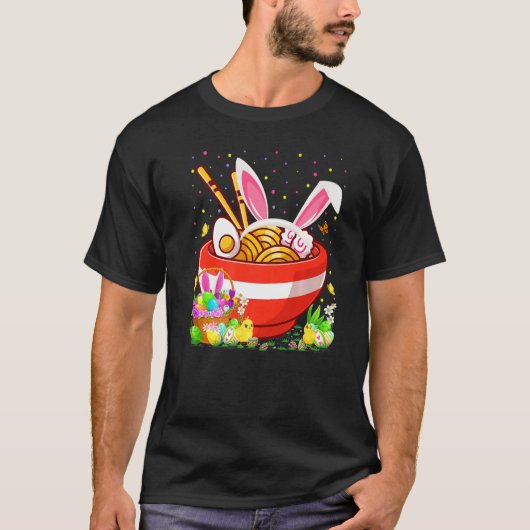 麺料理イースターエッグ狩りバニーヌードルイースター Tシャツ (正面)