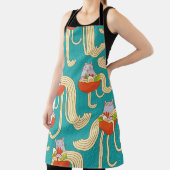 麺猫おもしろいターコイズ背景 エプロン (インサイチュ)