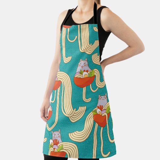麺猫おもしろいターコイズ背景 エプロン (インサイチュ)