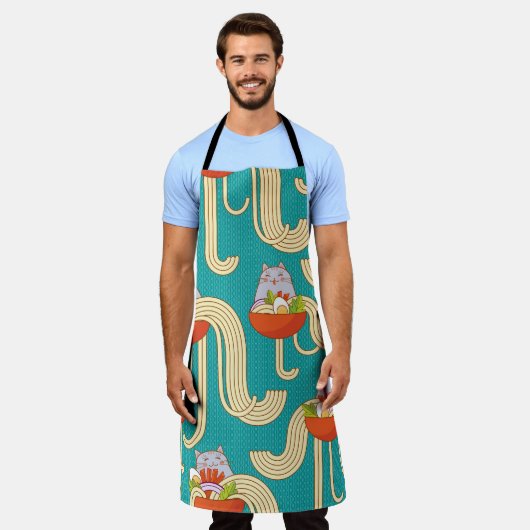 麺猫おもしろいターコイズ背景 エプロン (着用した状態)