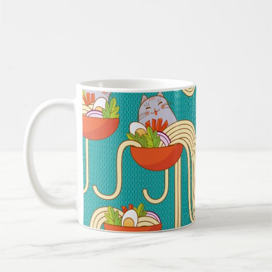 麺猫おもしろいターコイズ背景 コーヒーマグカップ (左)