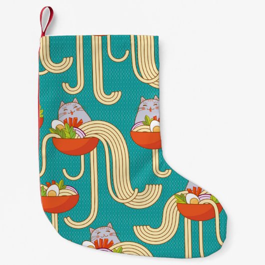 麺猫おもしろいターコイズ背景 スモールクリスマスストッキング (正面)
