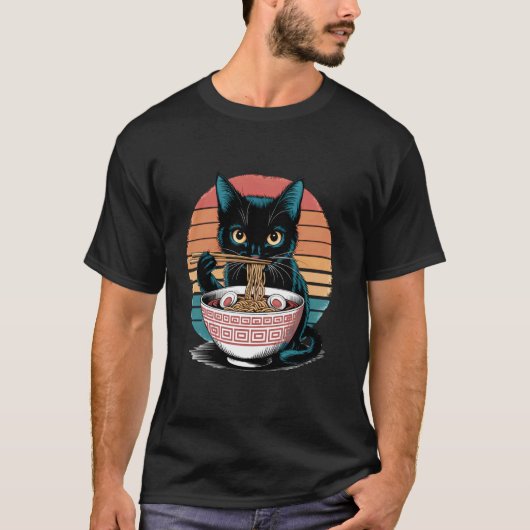 麺猫ラーメン黒猫レトロサンセットラーメン Tシャツ (正面)