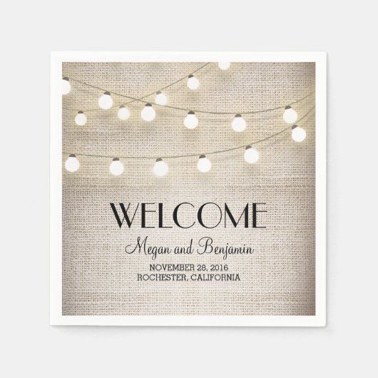 麻とストリングライトの素朴なカントリー スタンダードカクテルナプキン (正面)