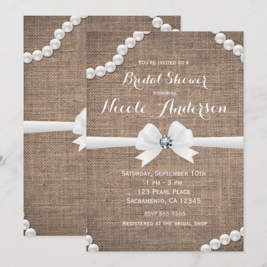 麻とパールのラスティックグラマラス ブライダルシャワー 招待状 (正面/裏面)
