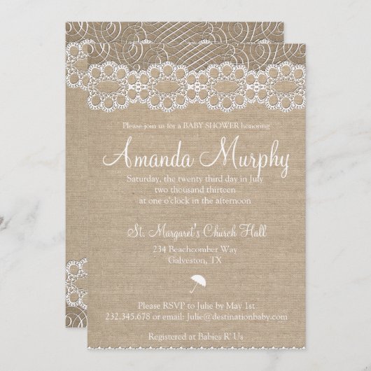 麻とビンテージのレースのベビーシャワーの招待状 招待状 (正面/裏面)
